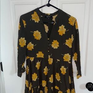 Madewell Olive Green Long Sleeve Dress with Yellow Floral Pattern
